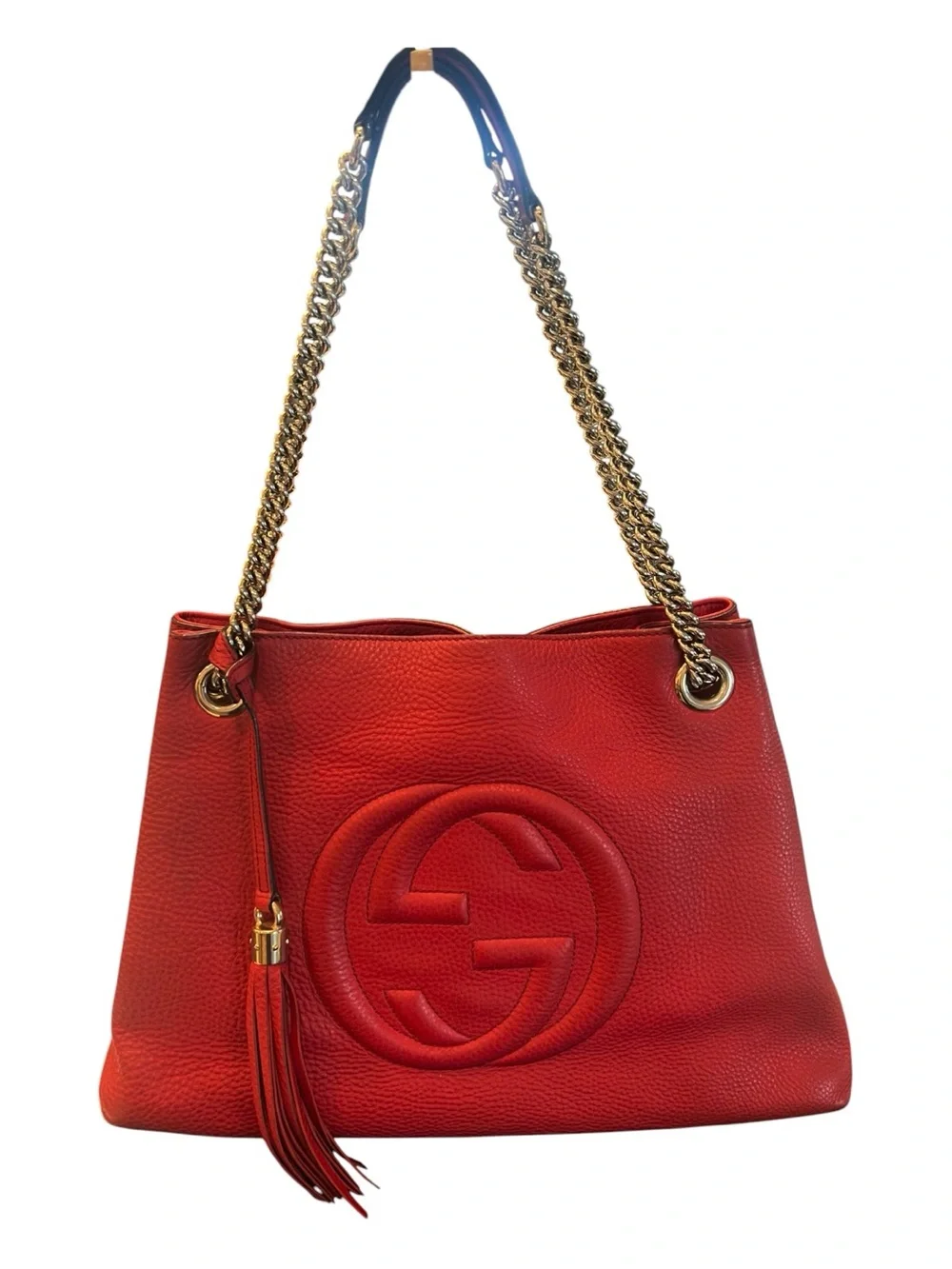 Gucci Soho Red Pebbled Leather Chain Tote Shoulder Bag GG Tassel Gold Dust Bag